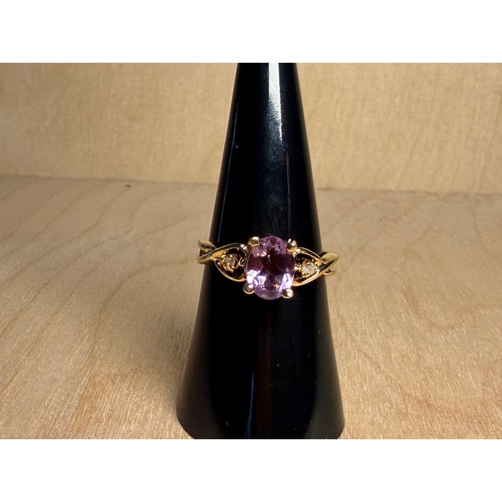 14K HGE Yellow Gold Oval Amethyst and Diamond Accent Twisted Band Ring Size 7
